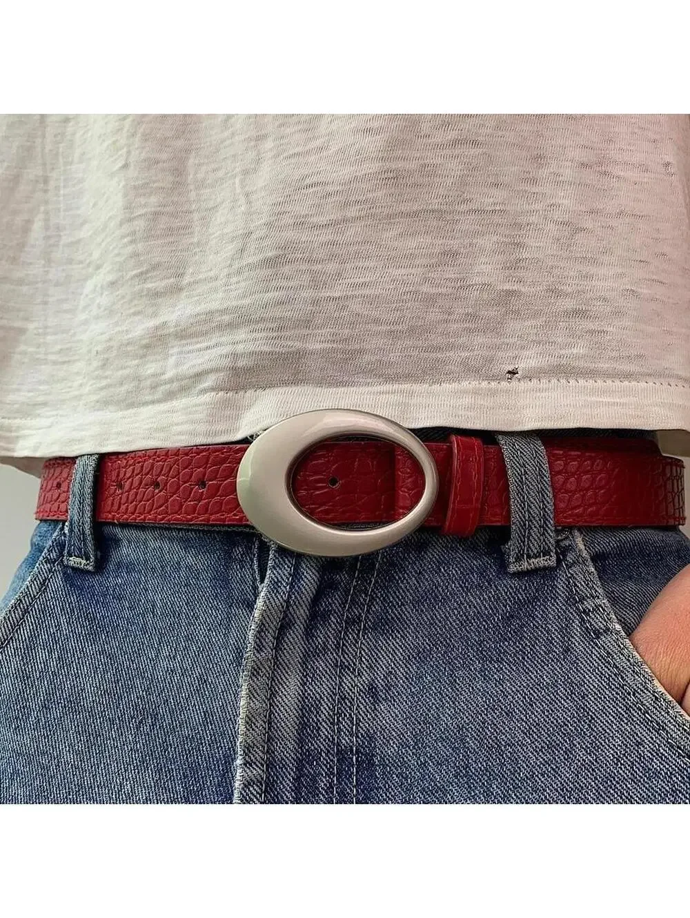 Y2k 2000s style Silver opal belt buckle with Red crocodile style leather. 39 inc